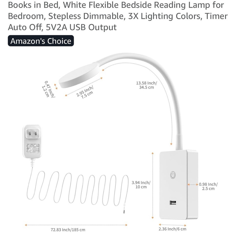 New! White Flexible Bedside Reading Lamp with USB Output & Remote